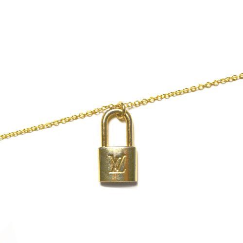 Vintage Reworked Louis Vuitton Padlock Logo Charm Necklace in Gold | NITRYL