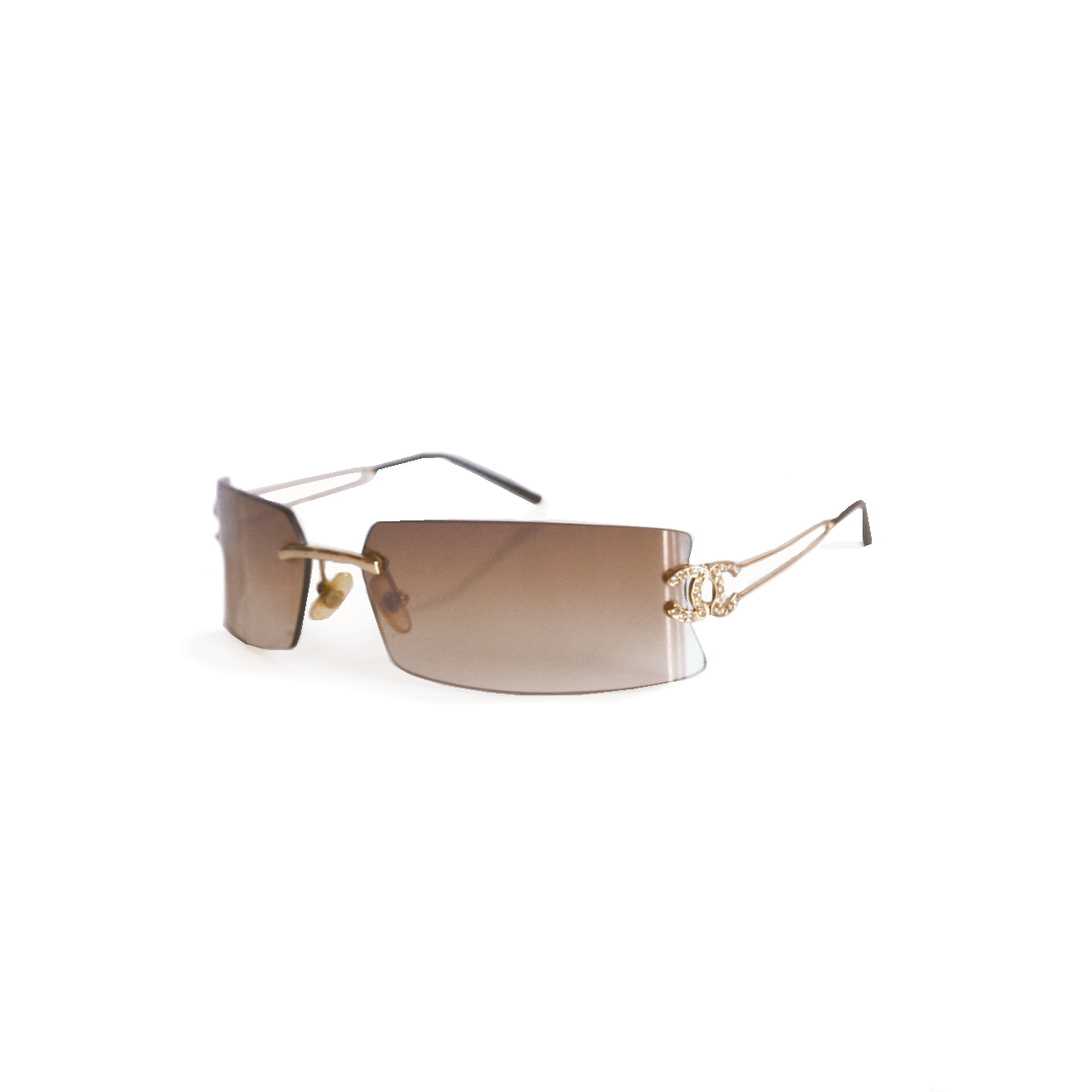 Chanel Diamante Rimless Sunglasses in Brown and Gold | Nitryl