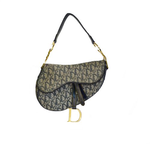 Vintage Dior Monogram Saddle Bag in Navy and Gold | NITRYL