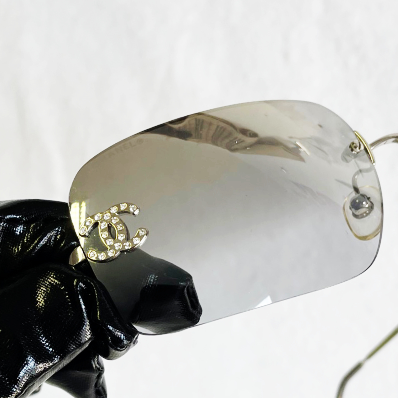 Chanel Diamante Rimless Sunglasses in Mirrored Silver Nitryl