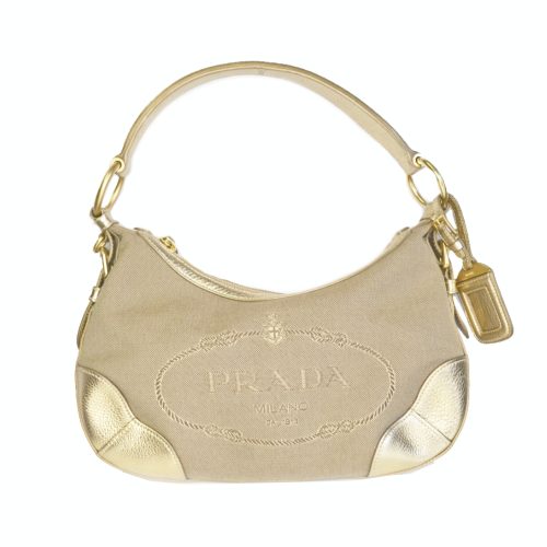 Vintage Prada Baguette Shoulder Bag in Beige and Gold | NITRYL