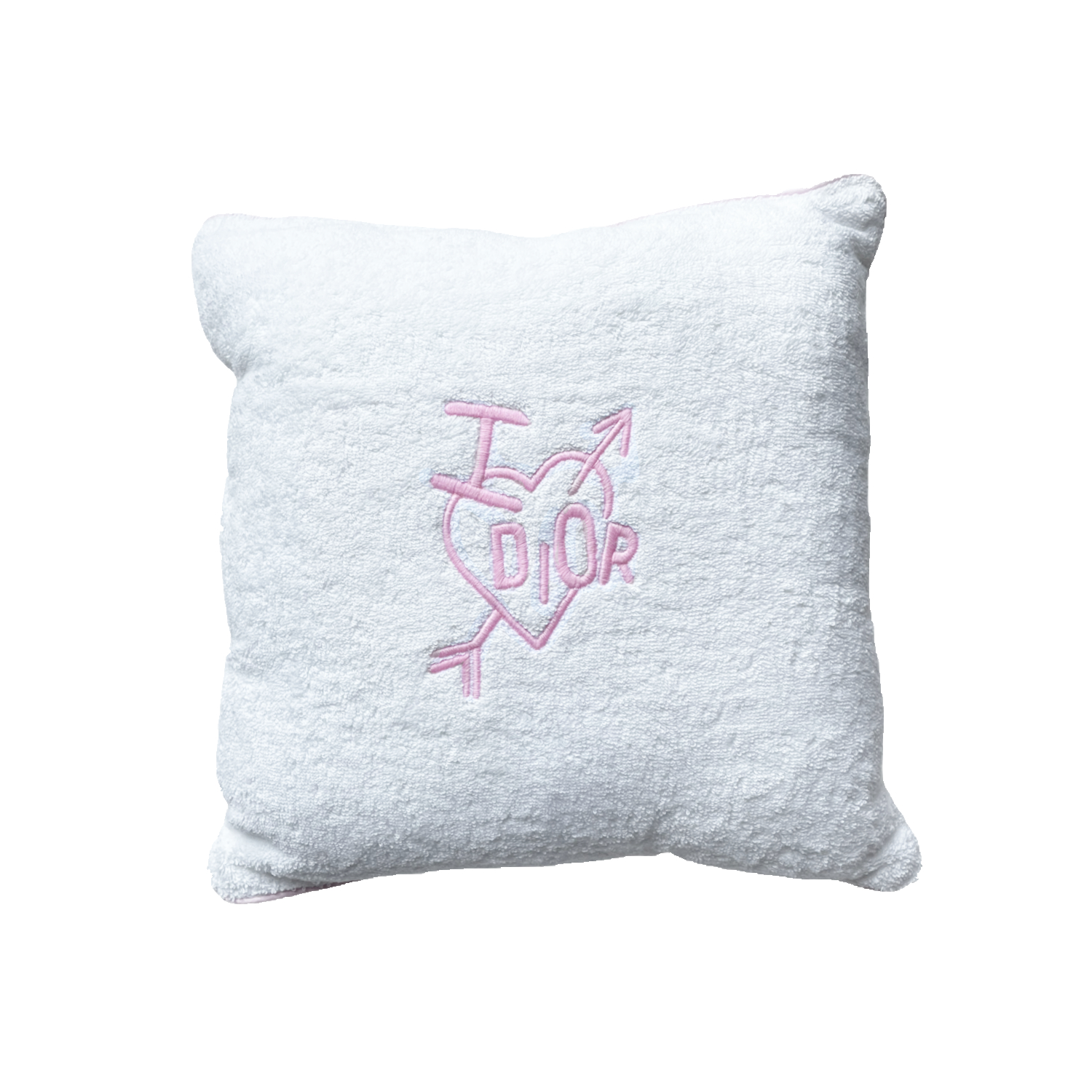 Vintage Vintage Dior Terrycloth 'I Love Dior' Cushion in white and baby pink | NITRYL