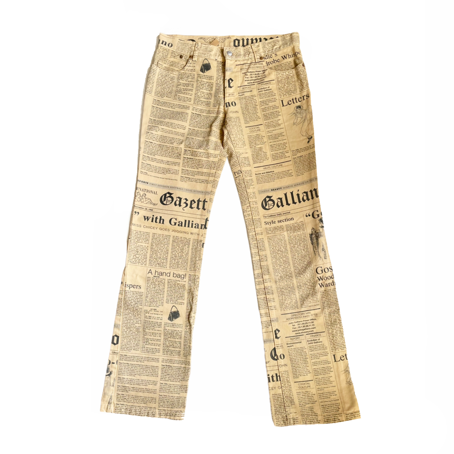 Vintage John Galliano Newspaper Gazette Bootleg Jeans in Beige | NITRYL
