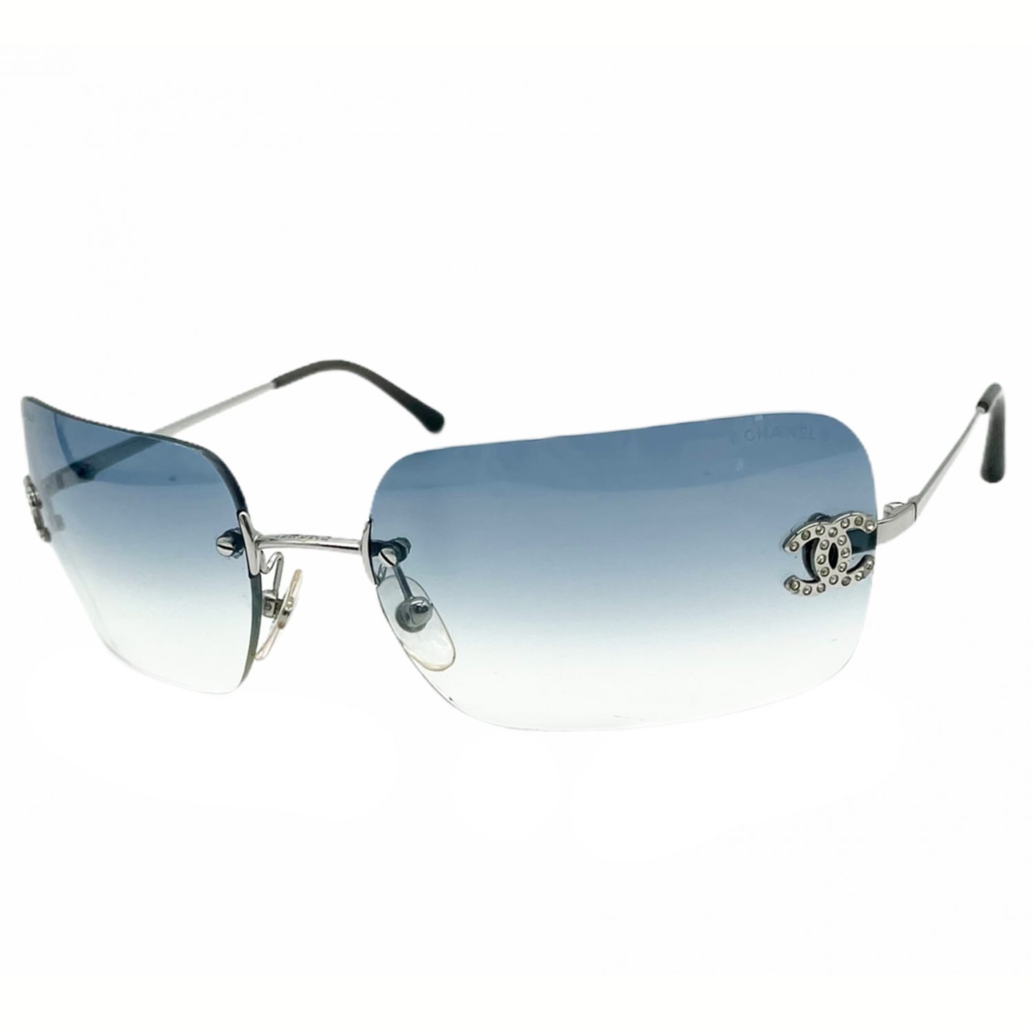 Vintage Chanel Diamante Rimless Sunglasses in Baby Blue | NITRYL