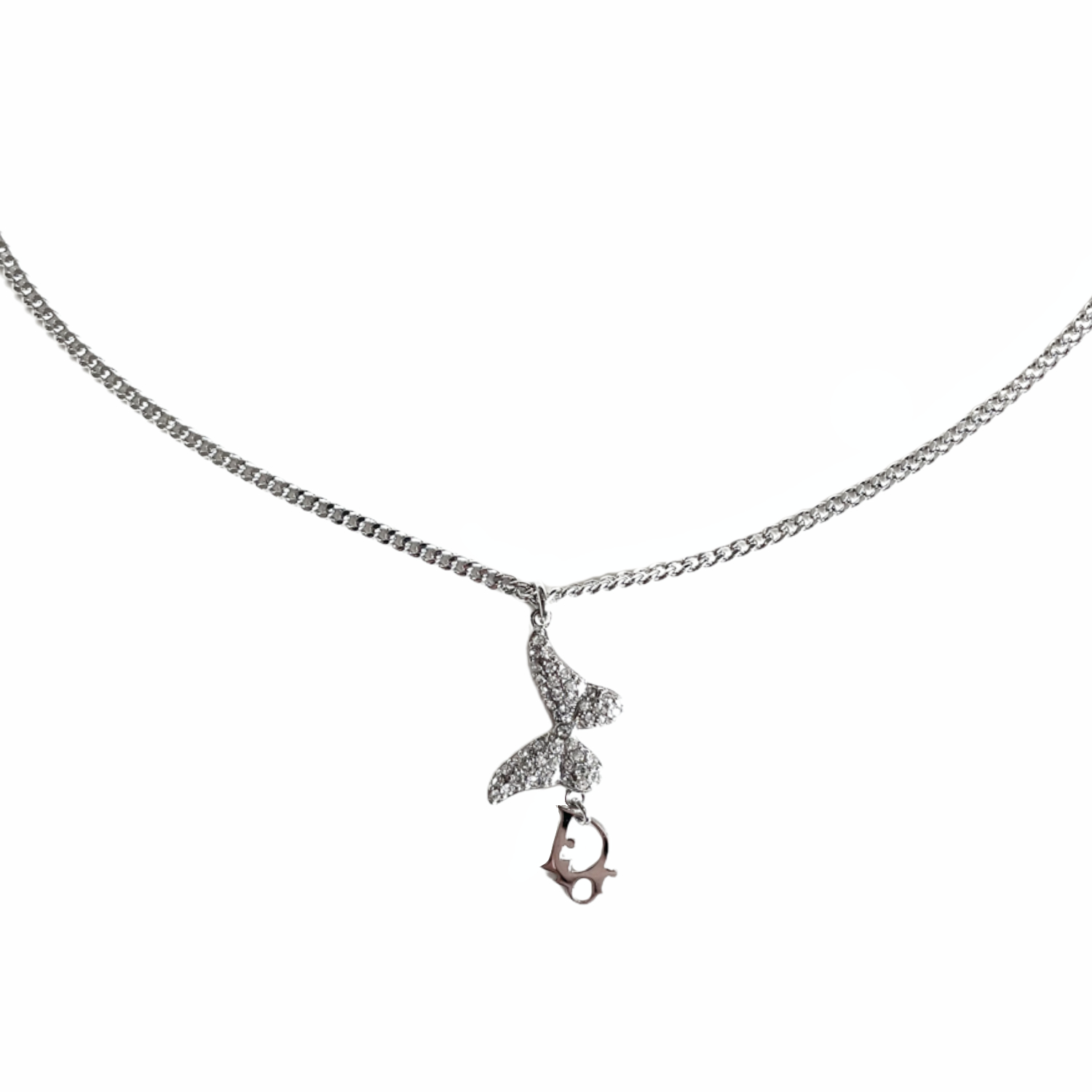 Vintage Dior Diamante Butterfly Logo Necklace in Silver | NITRYL