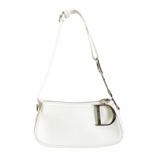 Vintage Dior Leather Baguette Shoulder Bag in White with Spellout Strap | NITRYL