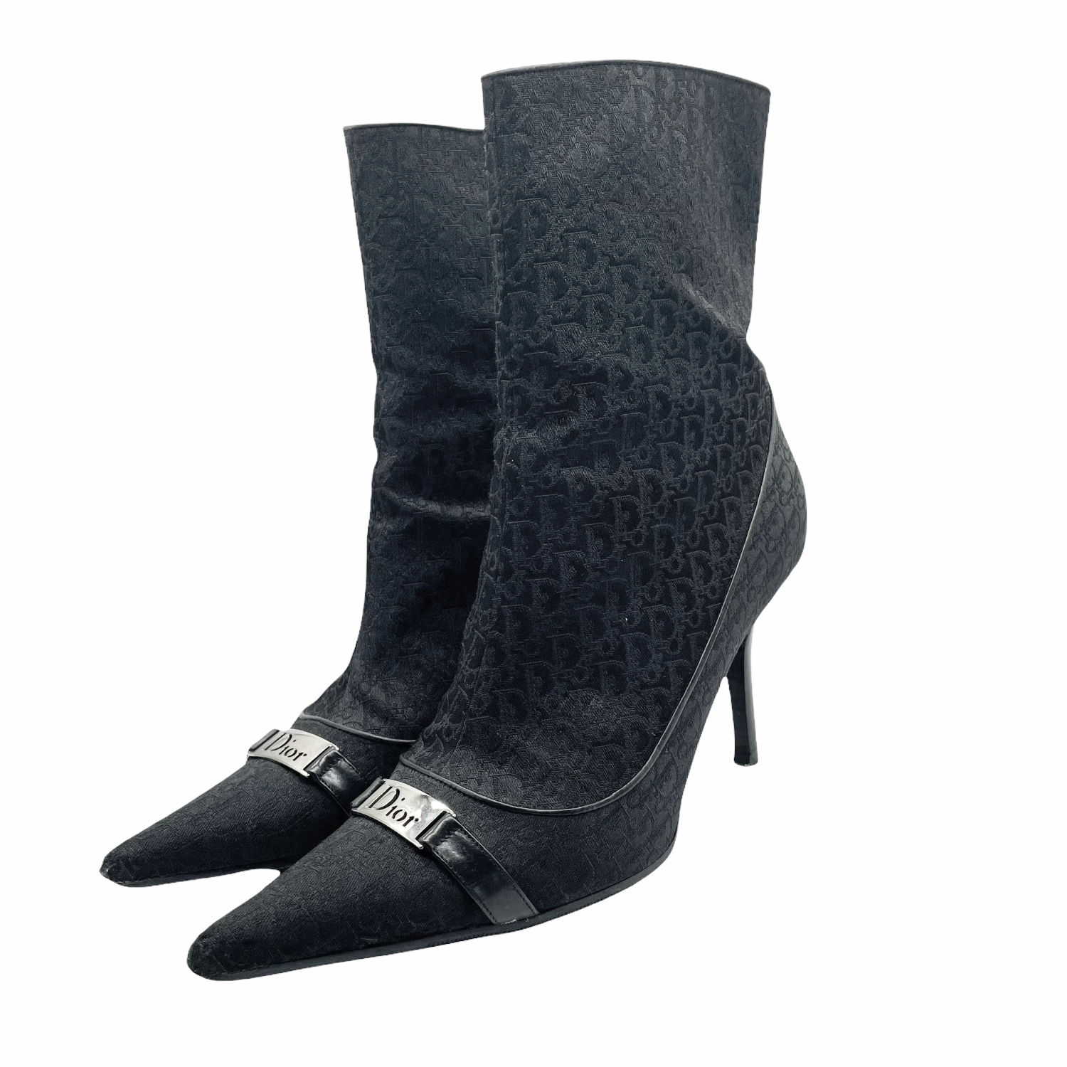Vintage Dior Monogram Spellout Heeled Boots in Black and Silver | NITRYL