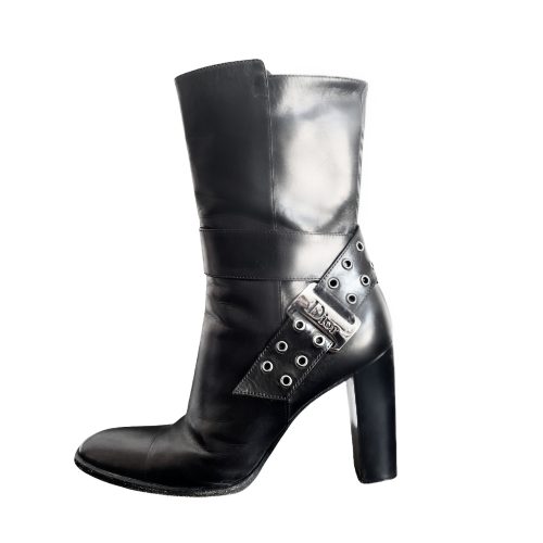 Vintage Dior Spellout Leather Heeled Boots in Black | NITRYL