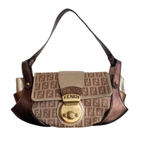 Vintage Fendi Monogram Shoulder Baguette Bag in Brown, Bronze and Gold | NITRYL