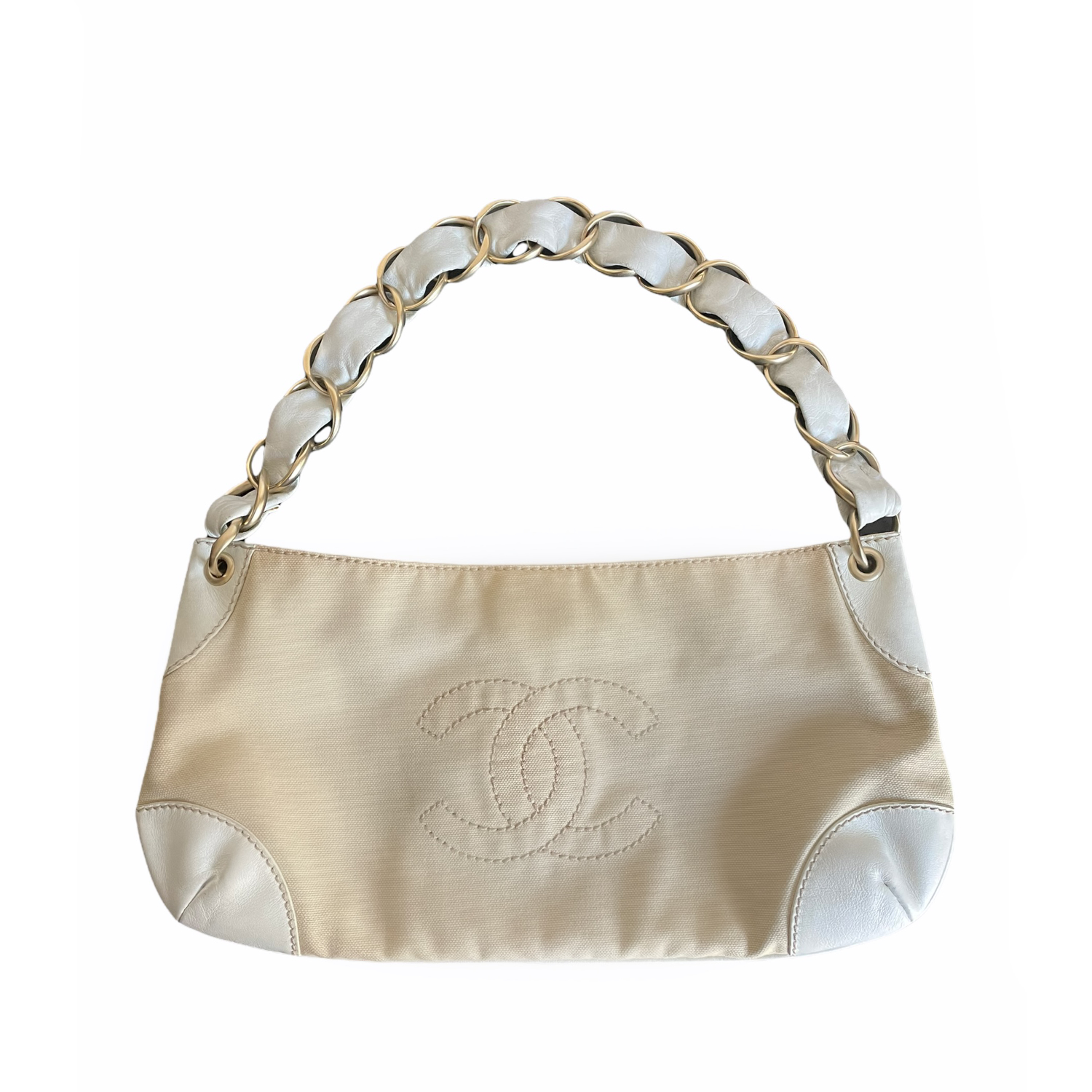 Vintage Chanel Canvas Logo Baguette Shoulder Bag in Beige and White | NITRYL