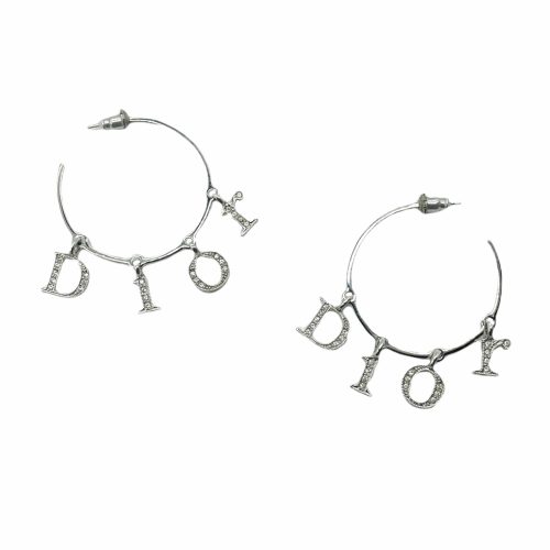 Vintage Dior Diamante Spellout Hoop Earrings in Silver | NITRYL
