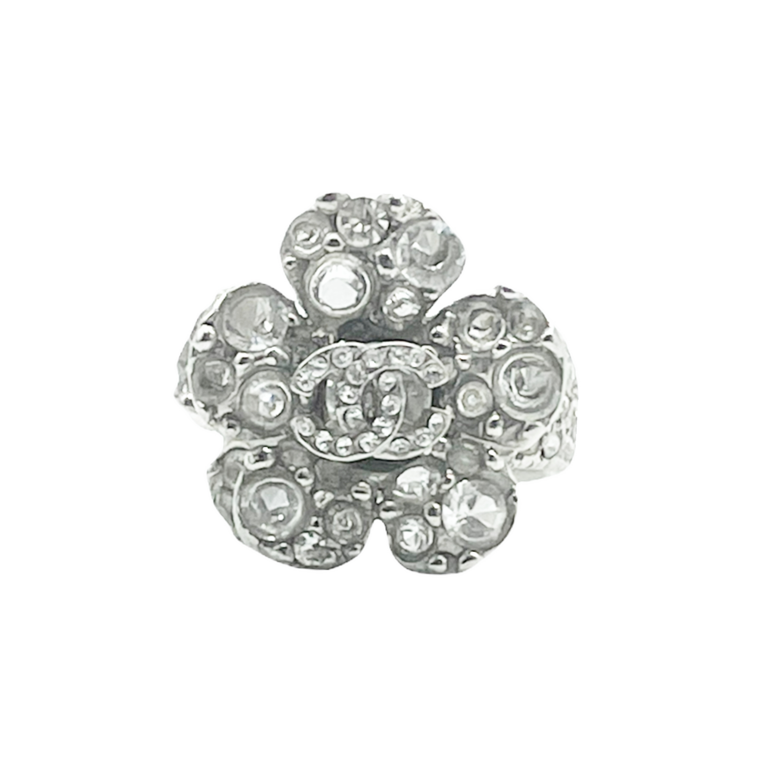 Vintage Chanel Diamante Logo Flower Ring in Silver | NITRYL