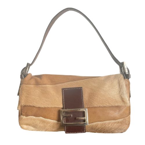 Vintage Fendi Leather and Ponyskin Shoulder Baguette Bag in Tan | NITRYL