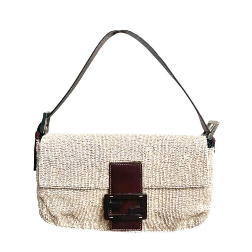Vintage Fendi Beaded Shoulder Baguette Bag in Cream and Brown | NITRYL