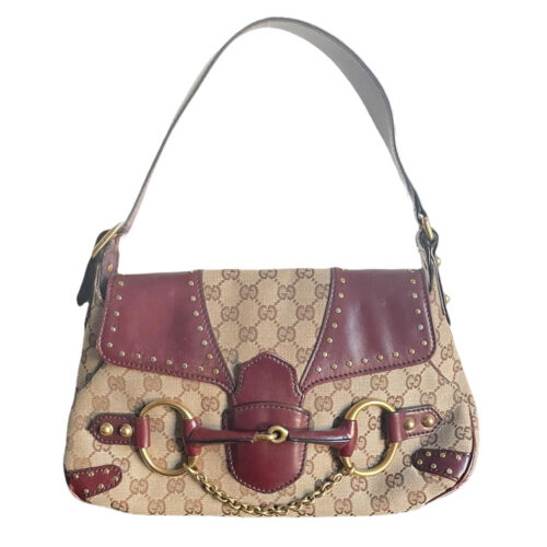 Vintage Gucci Monogram Horsebit Shoulder Bag in Brown and Maroon Red | NITRYL