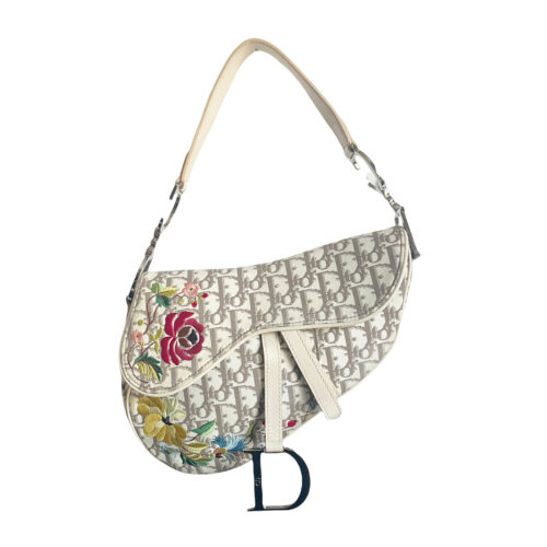 Vintage Dior Monogram Floral Embroidered Saddle Shoulder Bag in Cream and Beige | NITRYL