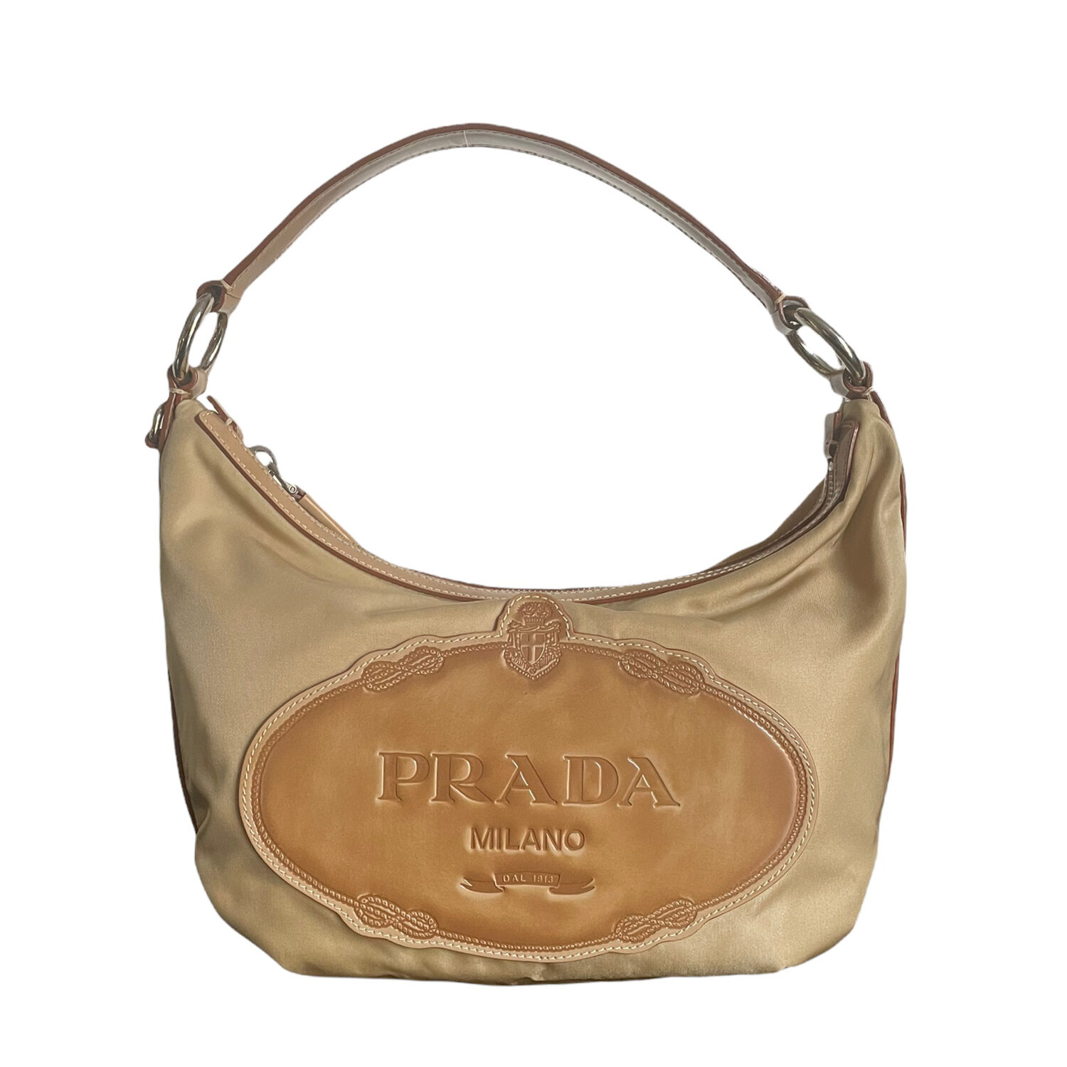 Vintage Prada Nylon Logo Shoulder Bag in Tan Brown | NITRYL
