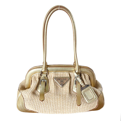 Vintage Prada Woven Raffia Shoulder Bag in Beige and Gold | NITRYL