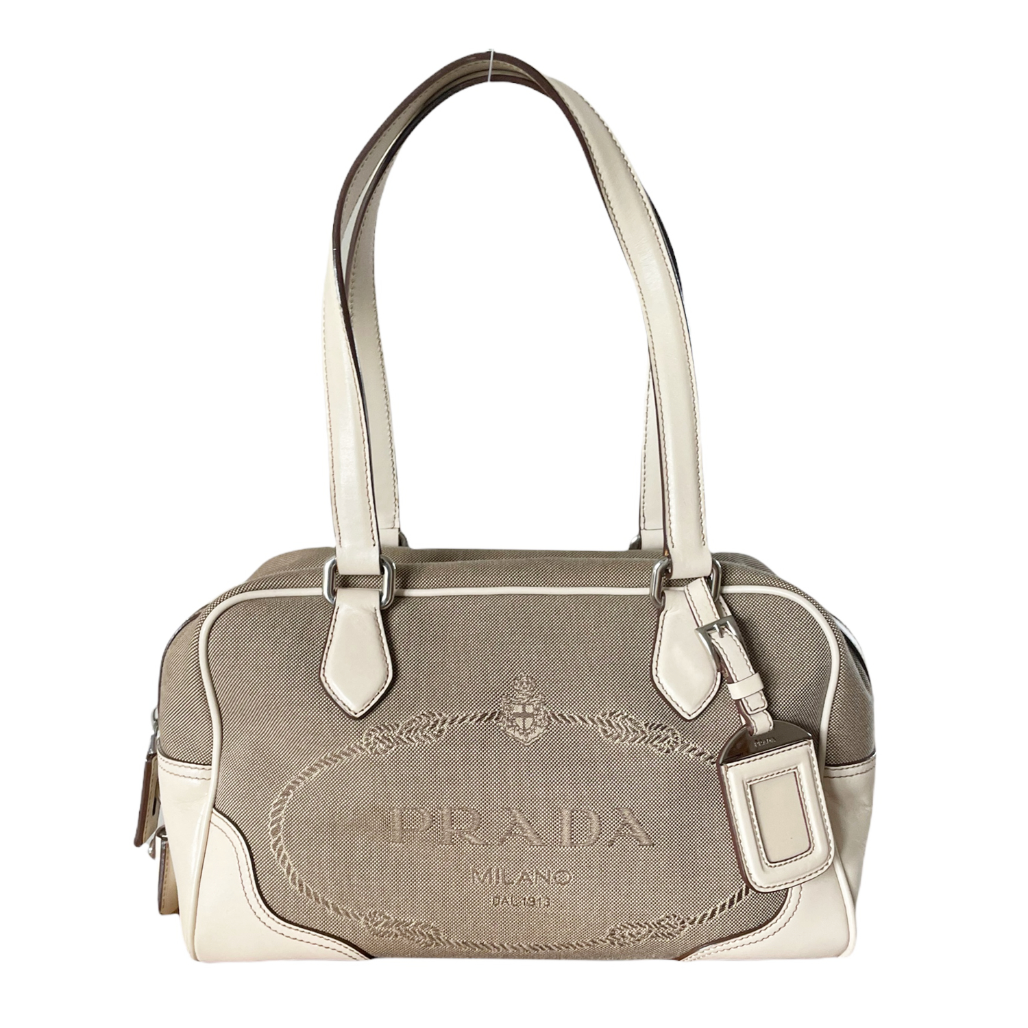 Prada Logo Canvas Shoulder Bag in Beige and Cream