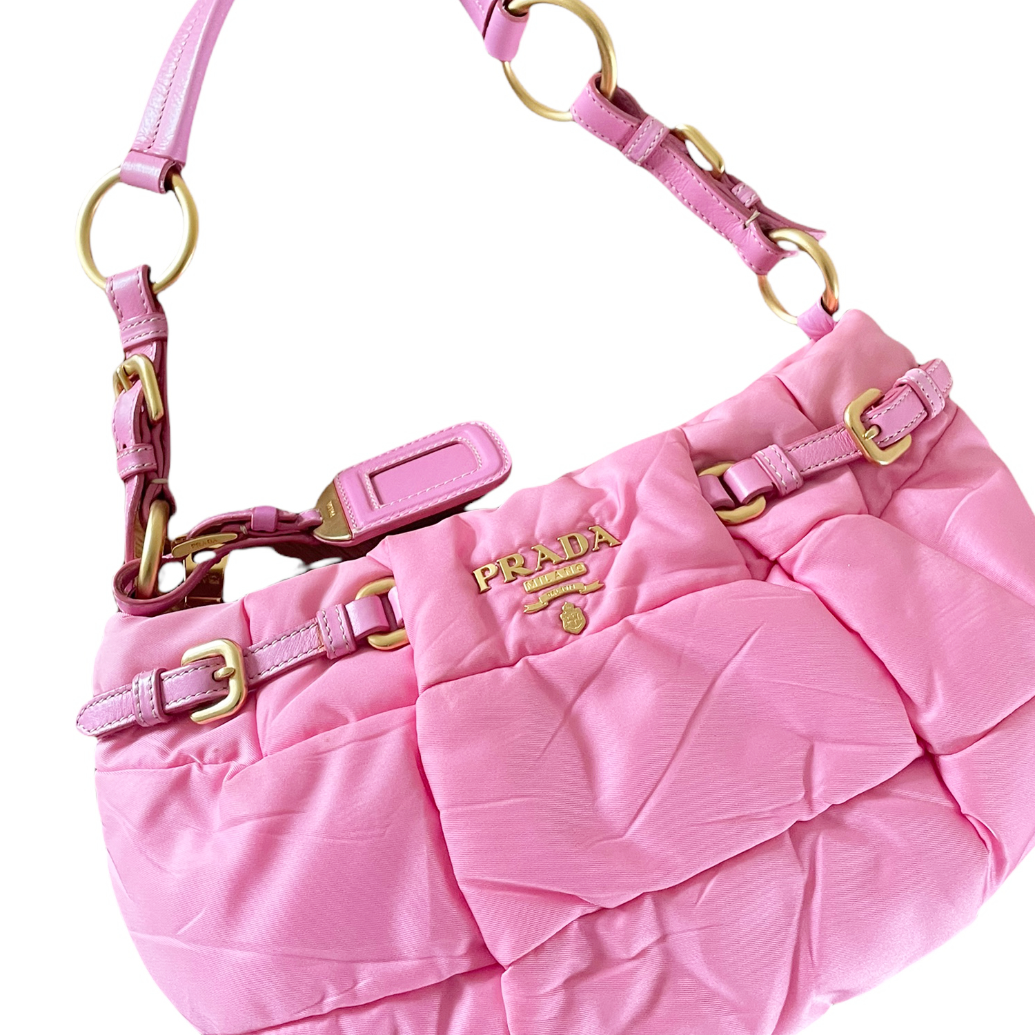 Prada Nylon Padded Shoulder Bag in Pink and Gold Nitryl