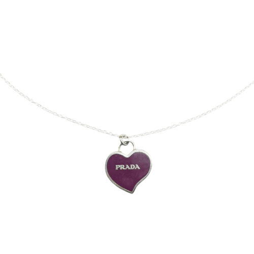 Vintage Reworked Prada Logo Heart Necklace in Purple and Silver | NITRYL