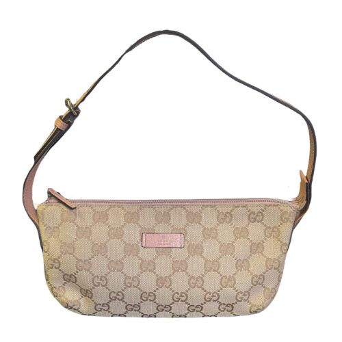 Vintage Gucci Monogram Mini Shoulder Baguette Bag in Beige/Brown and Baby Pink | NITRYL