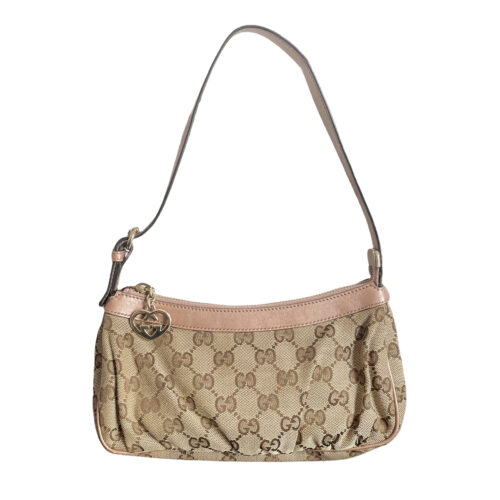 Vintage Gucci Monogram Mini Shoulder Bag in Beige, Baby Pink and Gold | NITRYL