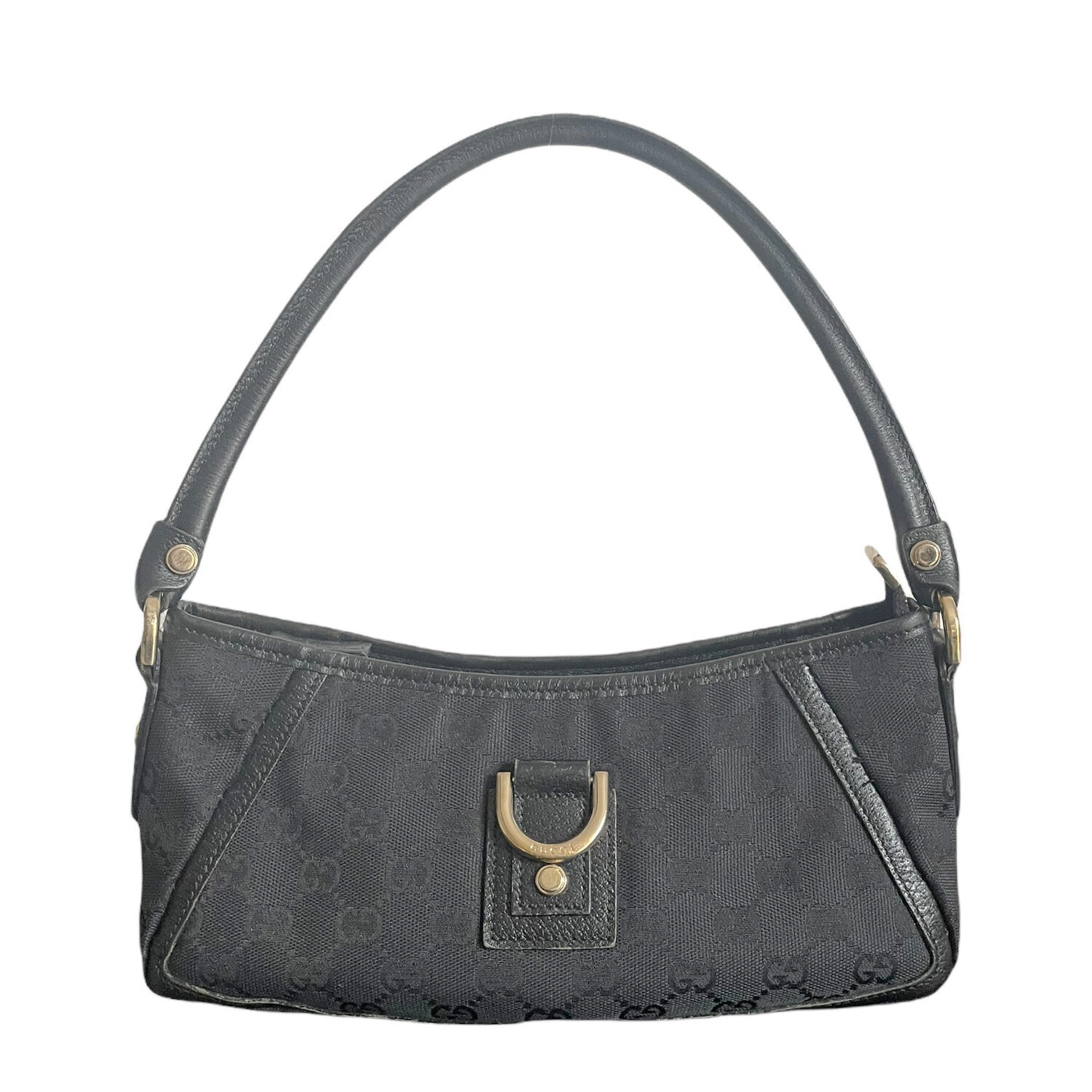 Vintage Gucci Monogram Baguette Shoulder Bag in Black and Gold | NITRYL