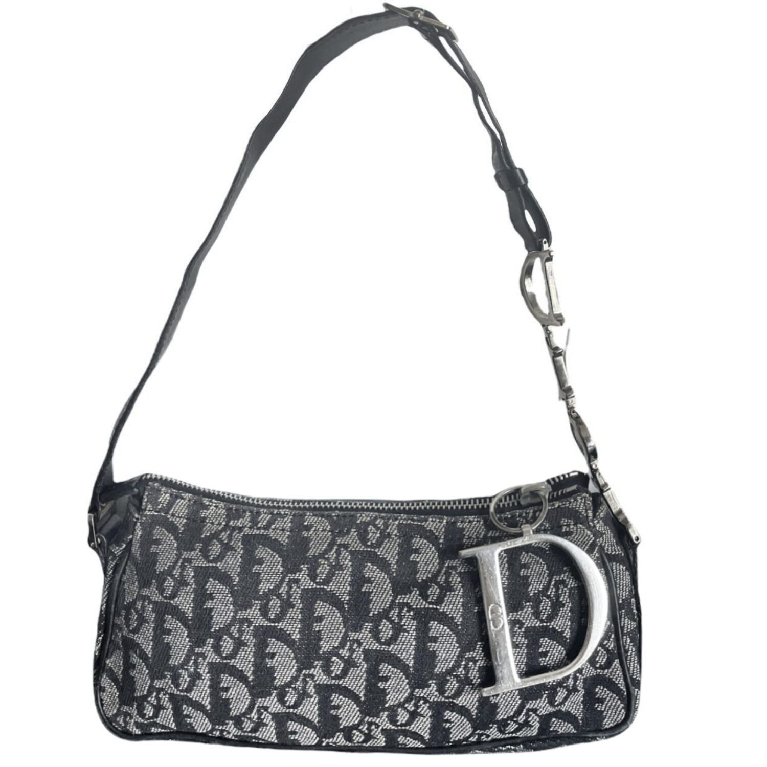 Vintage Dior Monogram Shoulder Baguette Bag with Spellout Strap in Black | NITRYL