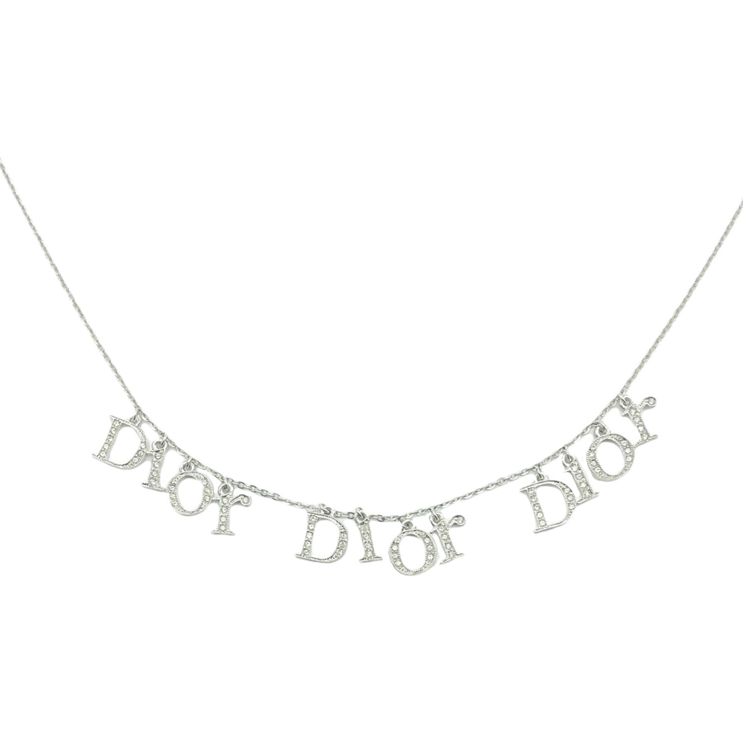 Vintage Dior Diamante Spellout Necklace in Silver | NITRYL