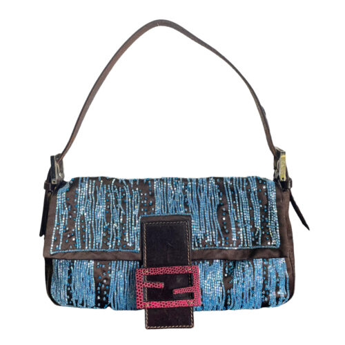 Vintage Fendi Beaded Satin Baguette Shoulder Bag in Brown and Blue with Pink Croc Details | NITRYL
