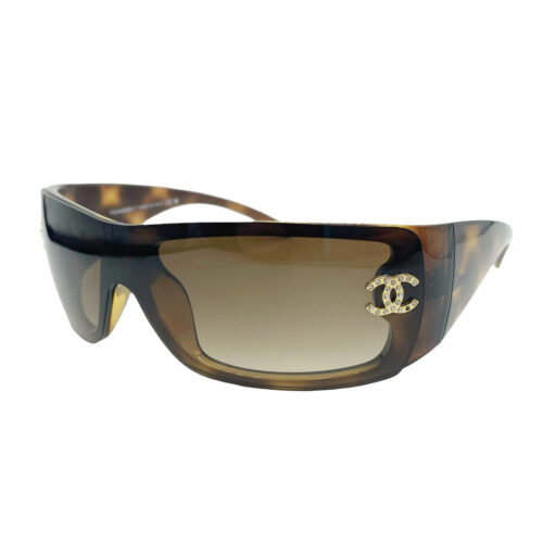 Vintage Chanel Diamante Chunky Shield Sunglasses in Tortoiseshell Brown | NITRYL