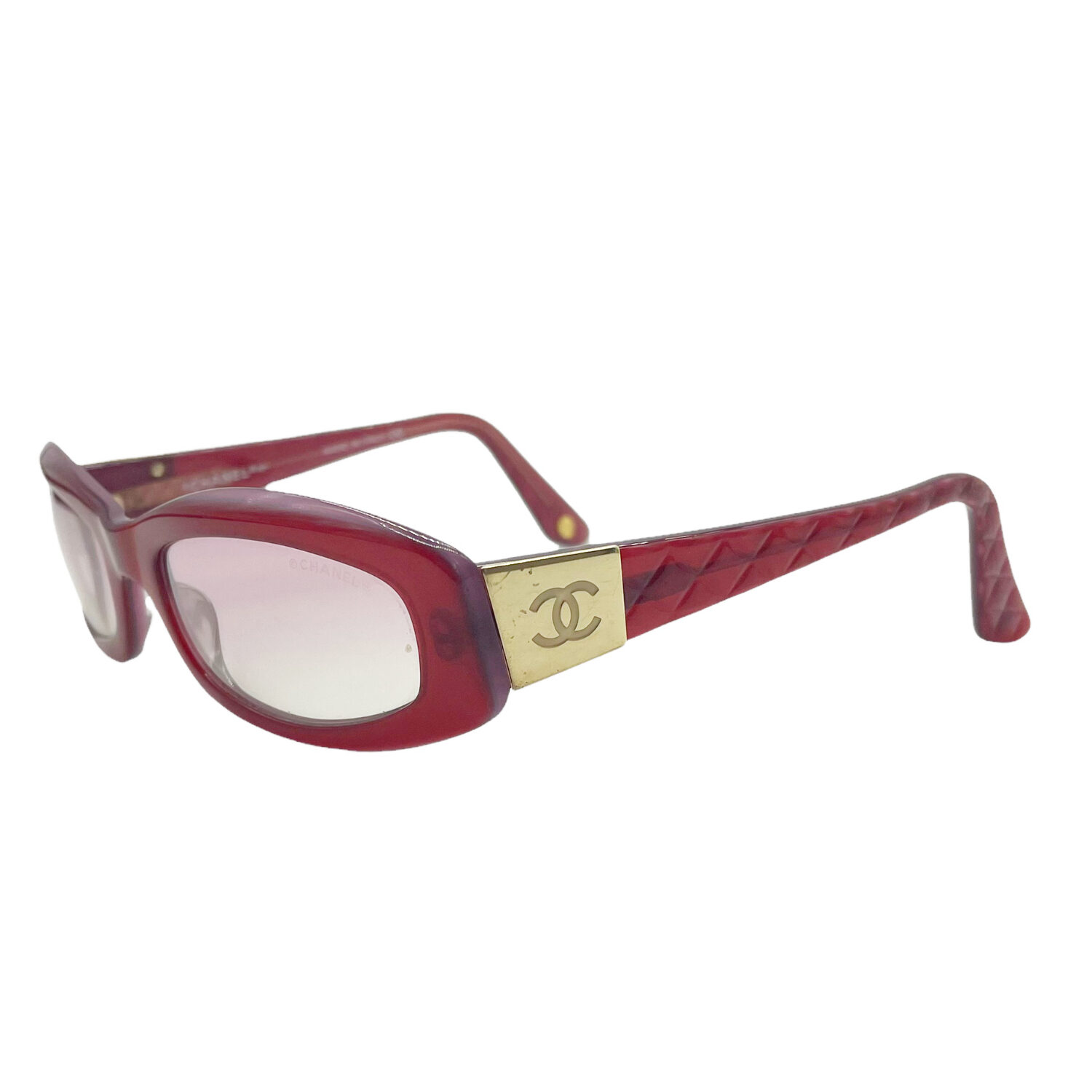 Vintage Chanel Chunky Logo Sunglasses in Pink/Red and Gold | NITRYL