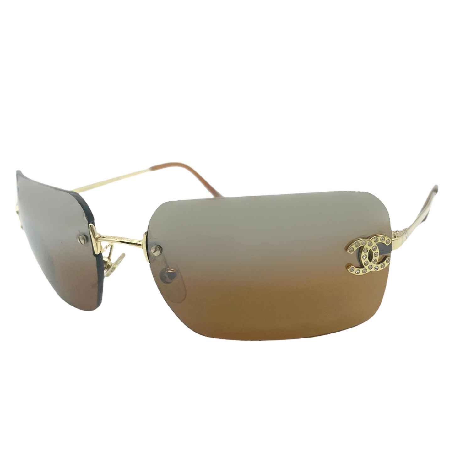 Chanel Diamante Rimless Mirrored Sunglasses in Brown and Gold Nitryl