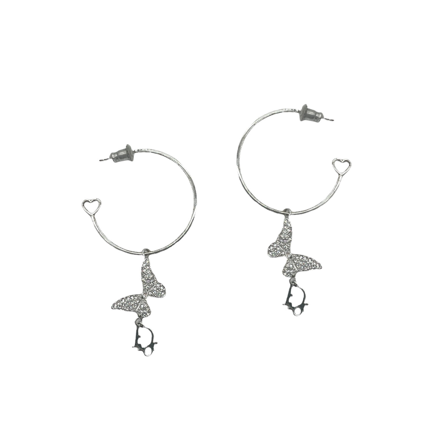 Vintage Dior Diamante Butterfly Hoop Earrings in Silver | NITRYL