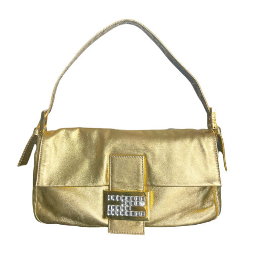 Vintage Fendi Gold Leather Baguette Shoulder Bag with Crystal Crusted Clasp | NITRYL