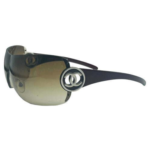 Vintage Chanel RImless Logo Wraparound Shield Sunglasses in Brown | NITRYL