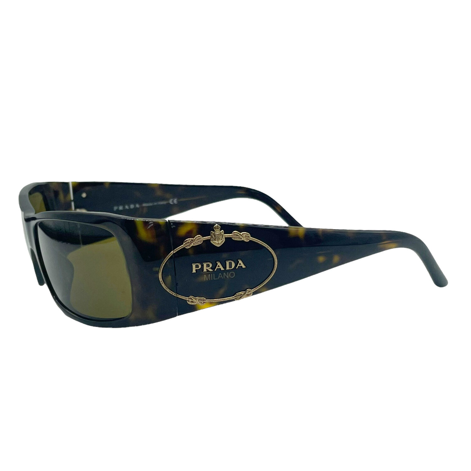 Vintage Prada Milano Chunky Logo Sunglasses in Tortoiseshell Brown / Gold | NITRYL