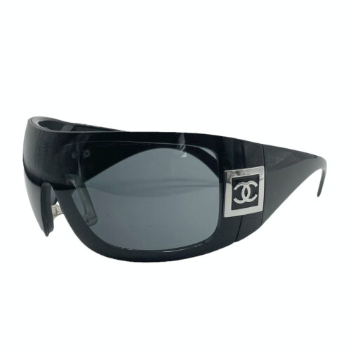 Vintage Chanel Logo Oversized Shield Ski Sunglasses in Black / Silver | NITRYL