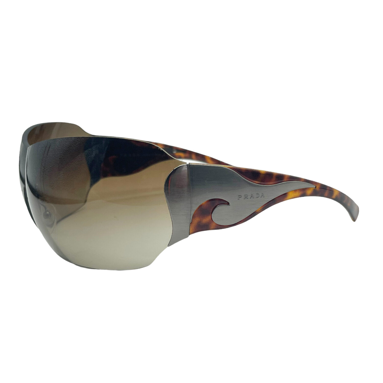 Vintage Prada Tribal Rimless Shield Sunglasses in Tortoiseshell Brown / Silver | NITRYL
