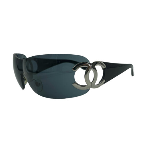 Vintage Chanel Rimless Logo Shield Sunglasses in Black / Silver | NITRYL