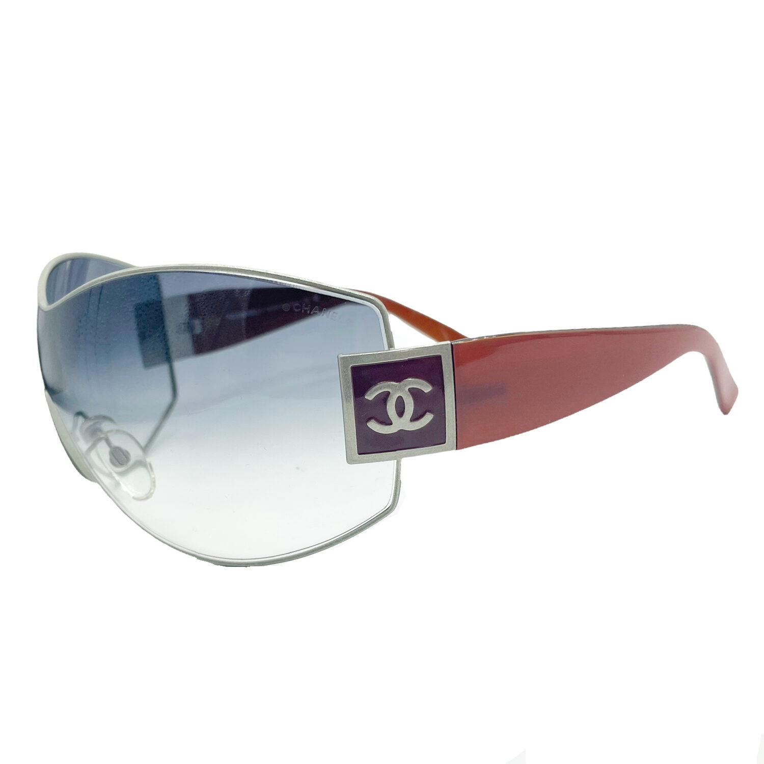 Vintage Chanel Logo Oversized Shield Sunglasses in Pink / Silver | NITRYL