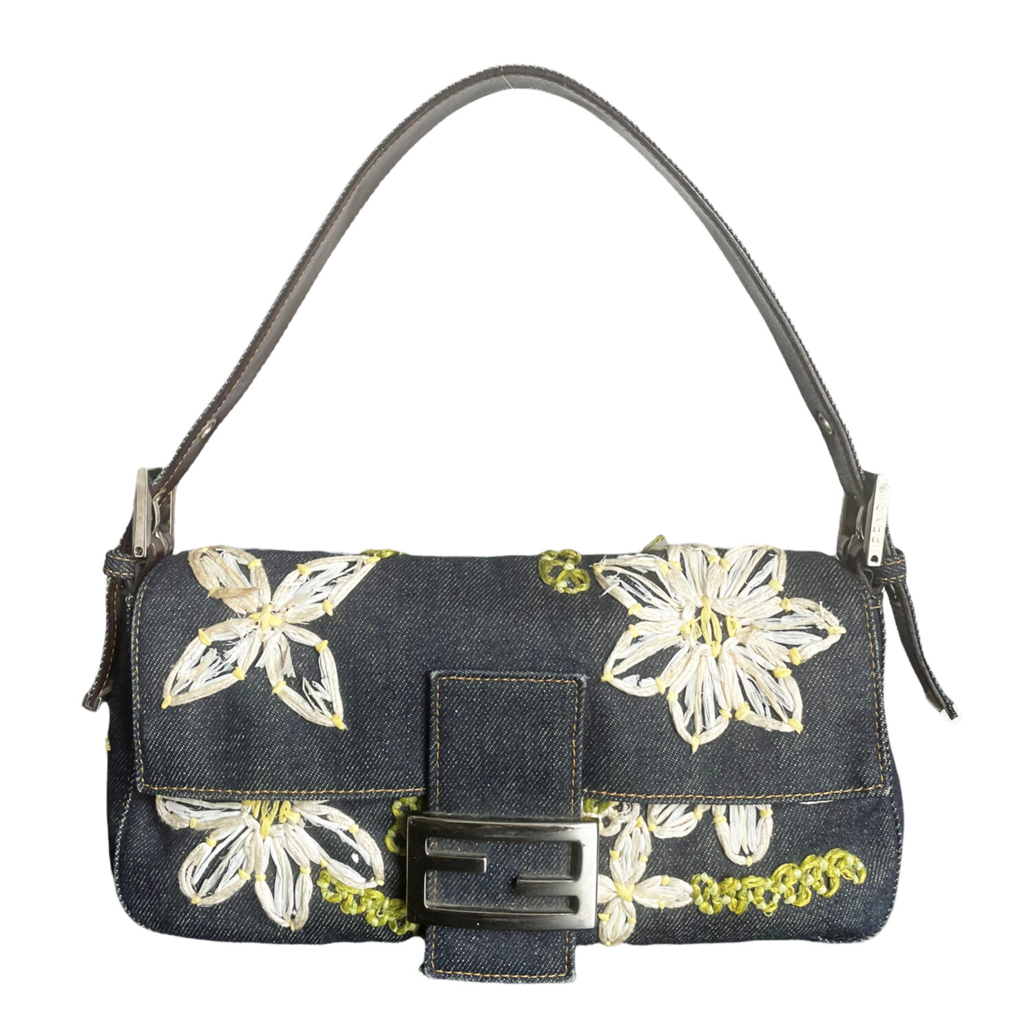 Vintage Fendi Daisy Denim Baguette Shoulder Bag | NITRYL