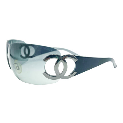 Vintage Chanel Rimless Logo Shield Sunglasses in Blue / Grey | NITRYL
