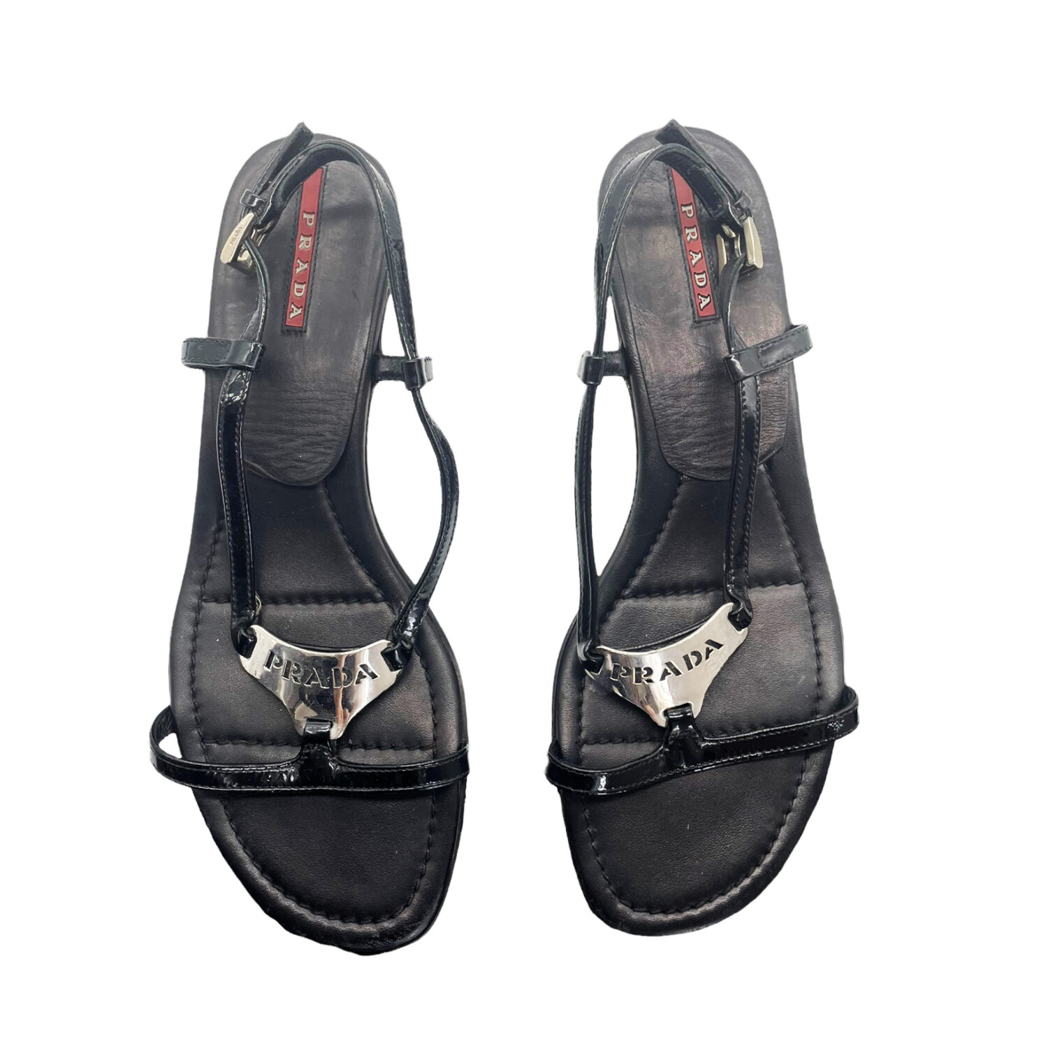 Vintage Prada Logo Strappy Sandals in Black | NITRYL