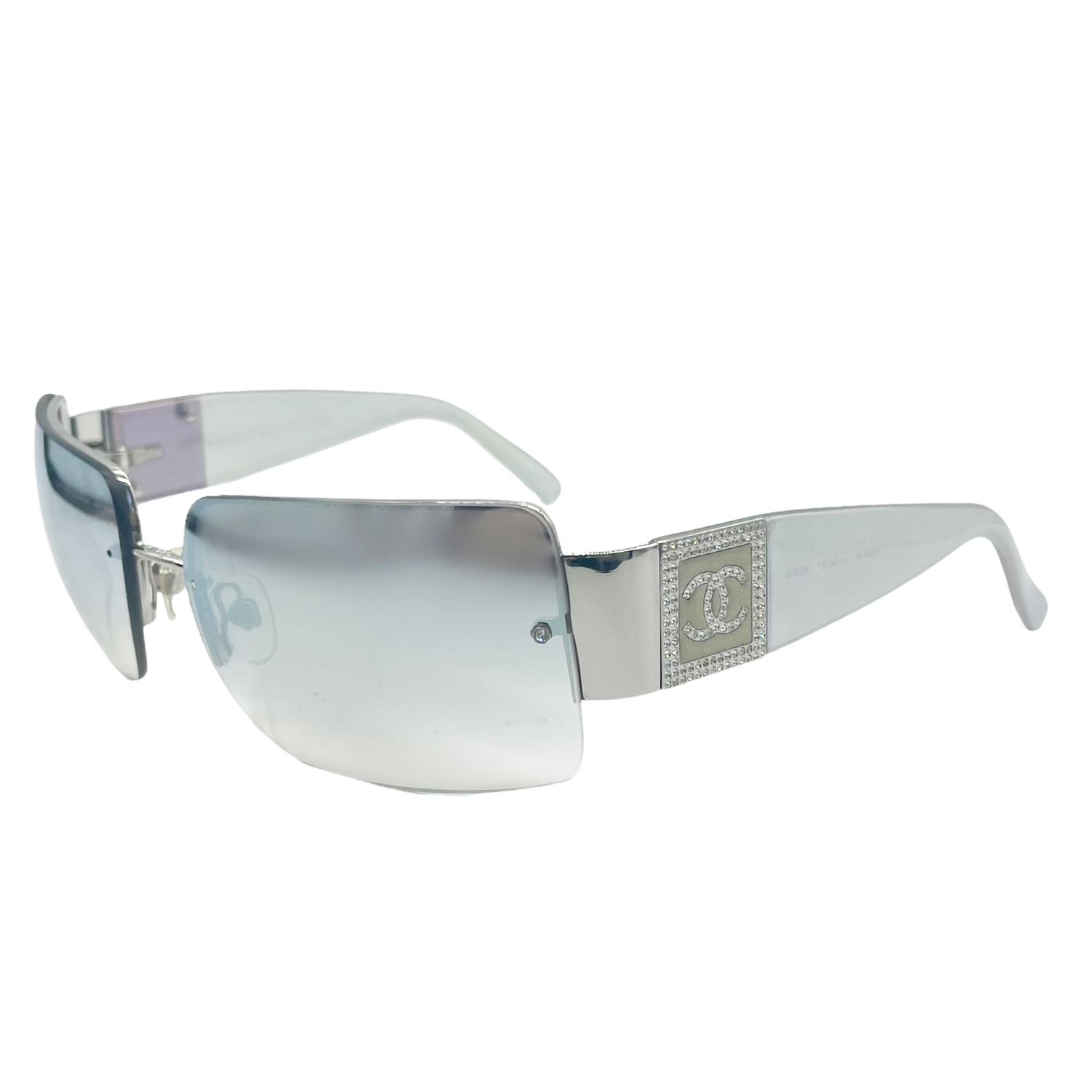 Chanel Diamante Rimless Sunglasses in Holographic Silver Nitryl