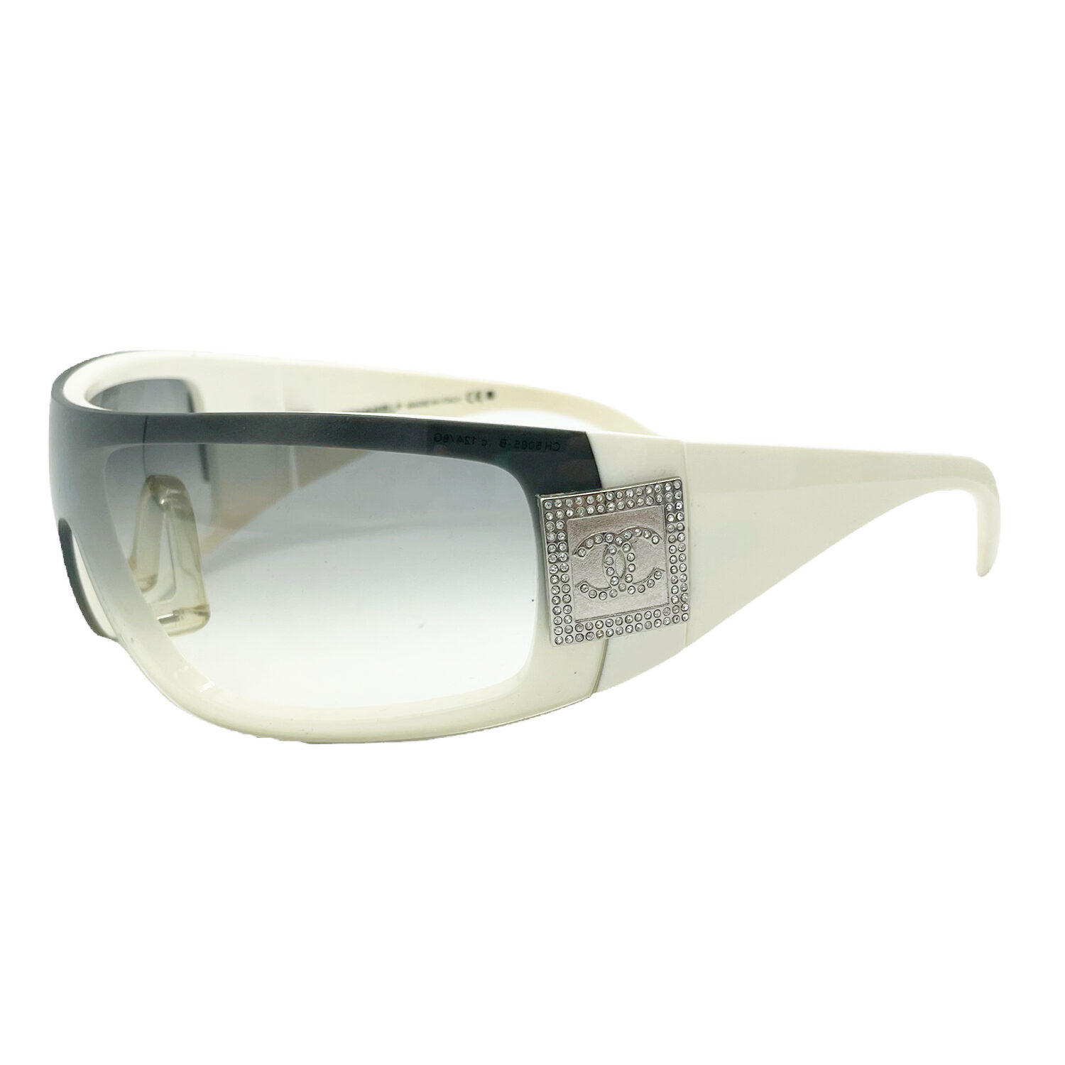 Vintage Chanel Diamante Chunky Shield Sunglasses in White / Grey Ombre | NITRYL
