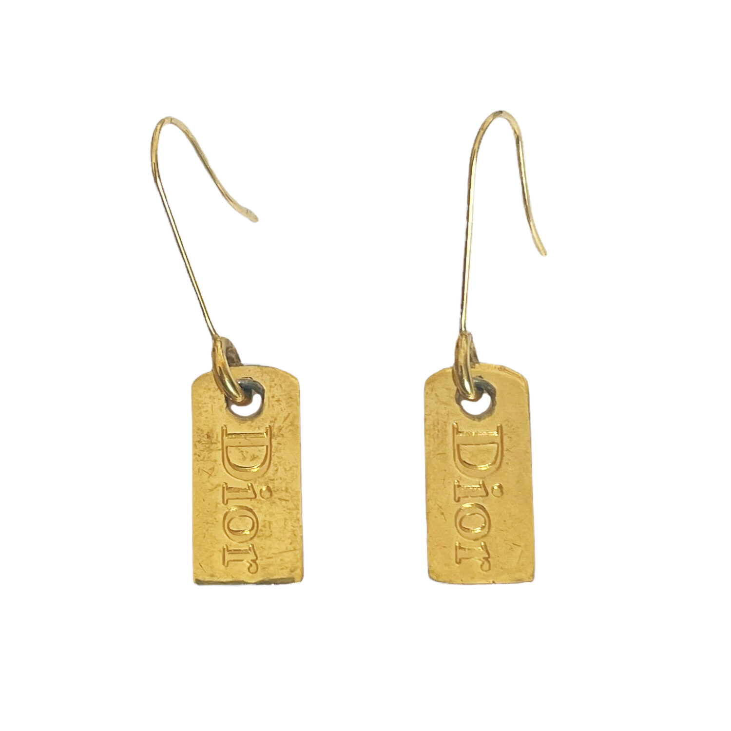 Vintage Dior Logo Dog Tag Earrings in Gold | NITRYL