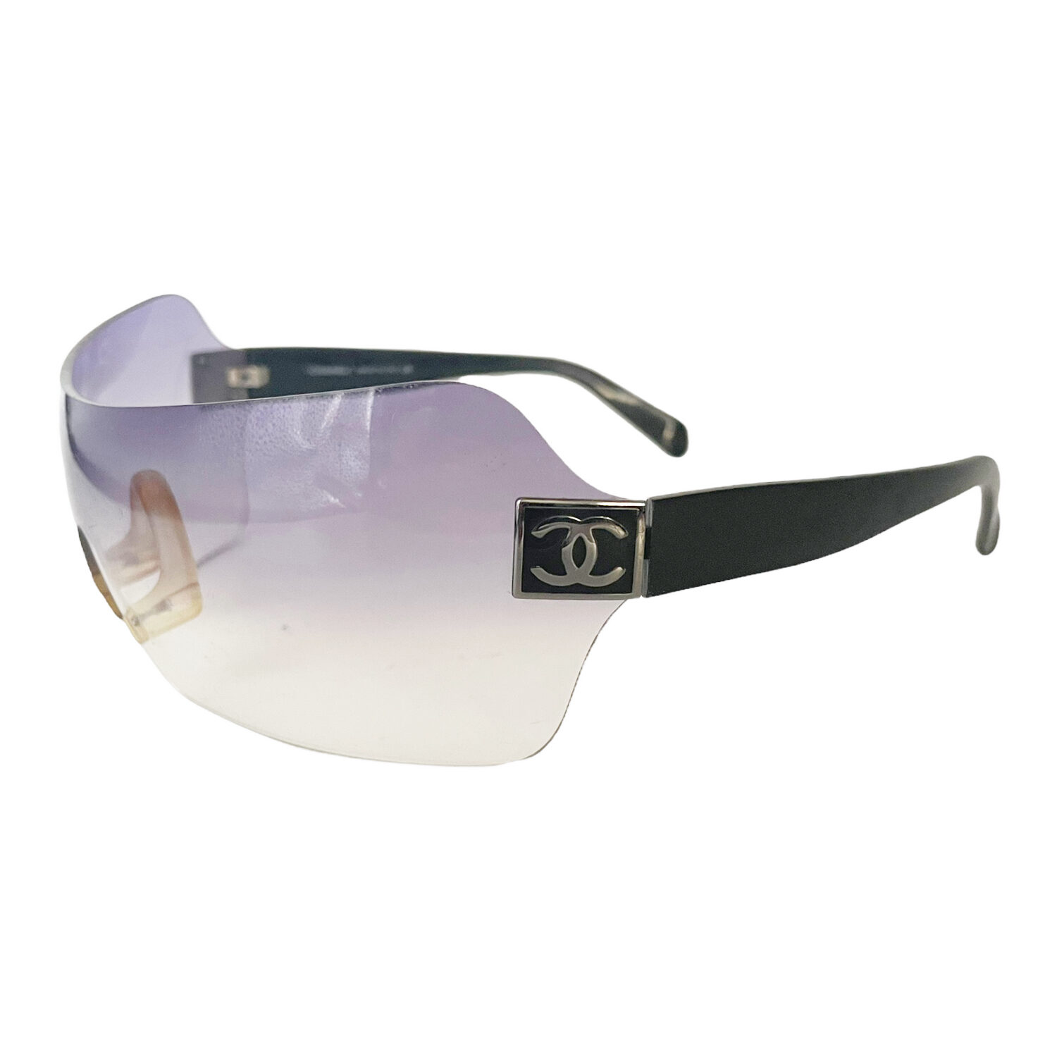 Vintage Chanel Rimless Logo Shield Sunglasses in Purple / Black | NITRYL