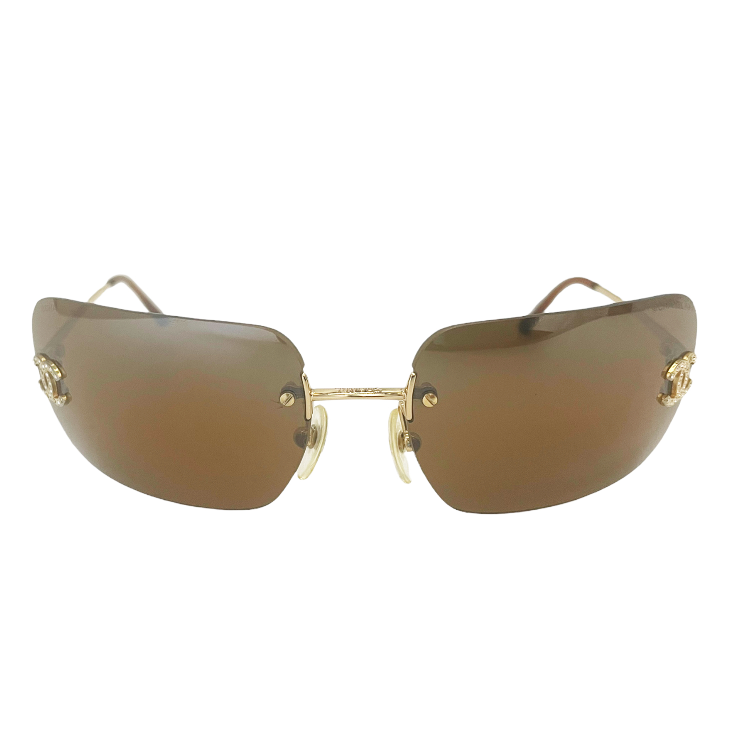 Chanel Diamante Rimless Sunglasses in Brown / Gold